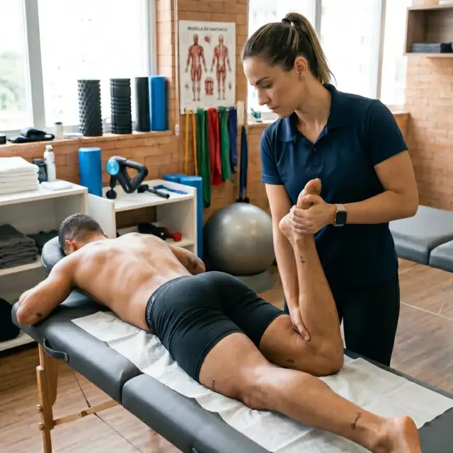 Profissional aplicando massagem desportiva